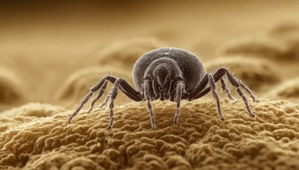 A mite traverses a wrinkled, porous landscape, its rounded body and legs detailed in monochromatic hues