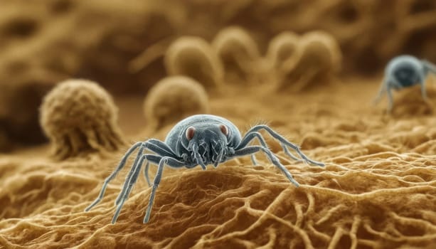 This image, likely captured with a scanning electron microscope, depicts dust mites traversing a fibrous landscape, their segmented bodies and multiple legs detailed in monochrome