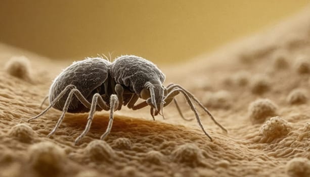 A dust mite captured in a microscopic image, revealing its intricate details and textures in a monochromatic palette