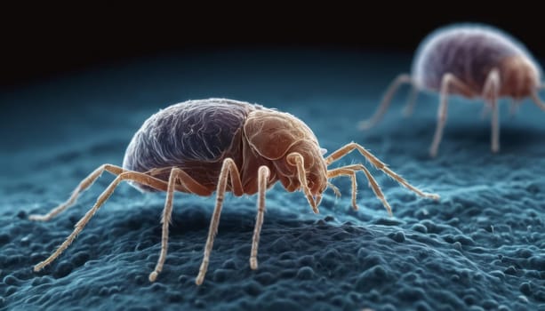 A detailed image showing two dust mites against a dark background, highlighting their segmented bodies and legs on a rugged surface