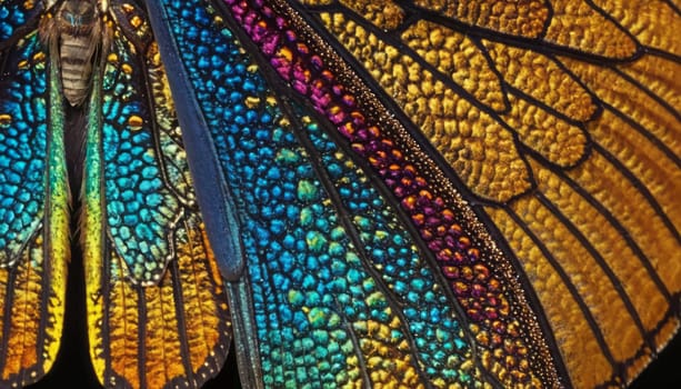 The vibrant wings of a butterfly, displaying a kaleidoscope of shimmering colors and intricate patterns