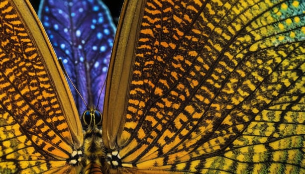 A close-up view of a butterfly, highlighting the detailed yellow and black patterns on its wings against a dark background