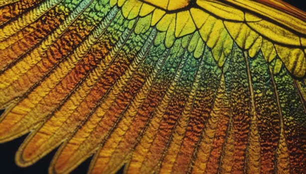 A close-up of a butterfly wing, displaying a vibrant mix of yellow, green, and brown hues with a detailed pattern