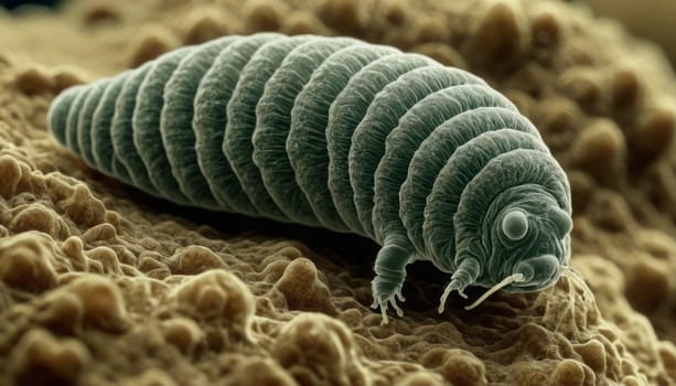 A detailed view of a tardigrade, showcasing its segmented body, clawed legs, and unique facial features against an organic backdrop