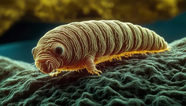 This highly detailed rendering captures the intricate textures and intense gaze of a tardigrade as it traverses a fibrous surface