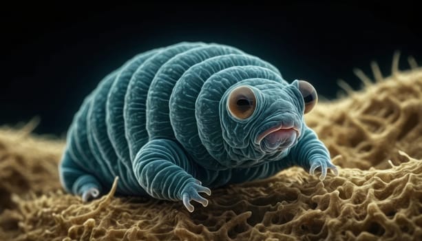 This highly detailed rendering captures the intricate textures and intense gaze of a tardigrade as it traverses a fibrous surface