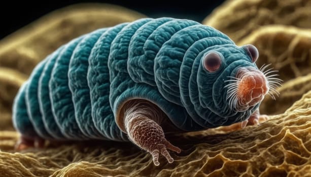 A close-up view of a tardigrade with a blueish hue, prominent black eyes, and an orange mouth, set against a contrasting yellowish-brown background