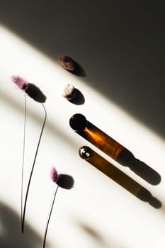 Two bottles of fragrant cosmetic or essential oil on a white background surrounded by sprigs of lagurus.