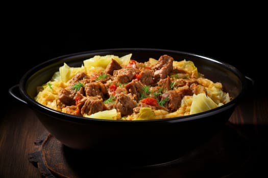 Cassoeula, traditional Lombardy dish with a stew made with pork meat and cabbage, often served with polenta. Italian seasonal comfort dish.