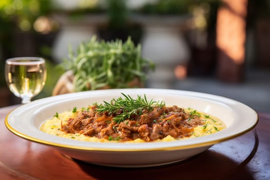 Cassoeula, traditional Lombardy dish with a stew made with pork meat and cabbage, often served with polenta. Italian seasonal comfort dish.