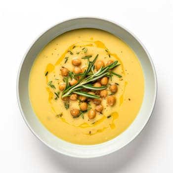 Top view of Chickpea soup, traditional Italian winter dish, in Umbria. A warm and nourishing soup made with chickpeas and flavors such as rosemary and garlic. on a white plate in a elegant restaurant decorated for Christmas time. Healthy vegetarian food.