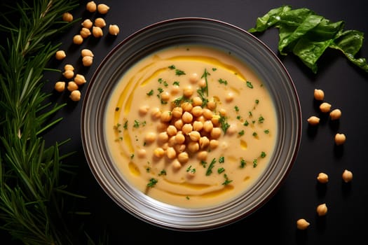 Top view of Chickpea soup, traditional Italian winter dish, in Umbria. A warm and nourishing soup made with chickpeas and flavors such as rosemary and garlic. on a white plate in a elegant restaurant decorated for Christmas time. Healthy vegetarian food.