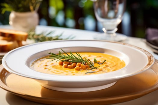 Chickpea soup, traditional Italian winter dish, in Umbria. A warm and nourishing soup made with chickpeas and flavors such as rosemary and garlic. on a white plate in a elegant restaurant decorated for Christmas time. Healthy vegetarian food