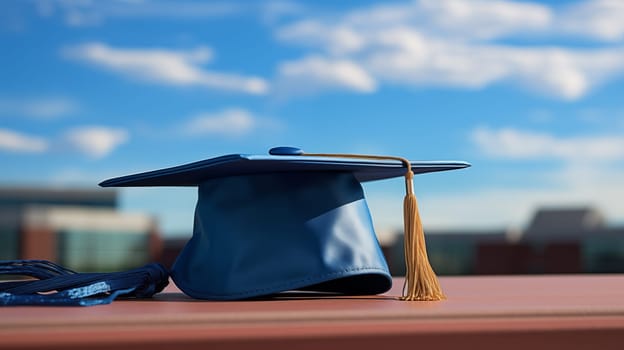 A blue graduation hat lies on a table outside against a blue sky background.