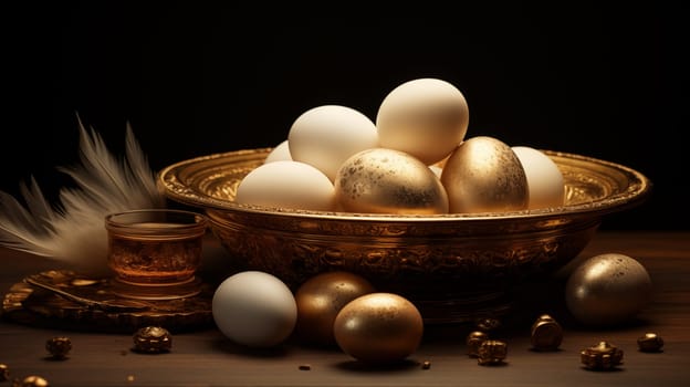 Easter eggs, white and golden, in a golden dish on a dark brown table.