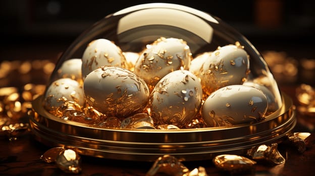 Luxurious Easter eggs, with gold, in a golden plate under a glass dome, stand on a dark brown table.