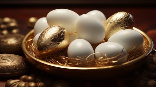 Easter eggs, white and golden, in a golden plate on a dark brown table.