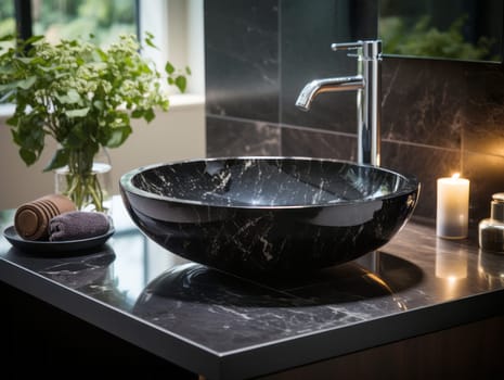 Stylish black marble vessel sink and chrome faucet. Interior design of modern bathroom.