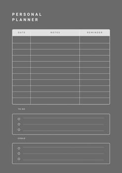 Notebook pages for notes, goals and to do list. Personal planner page template. Business organizer. Weekly schedule page.