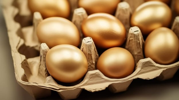 Close up of beautiful golden-colored eggs lie in a cardboard package on the table. Top view