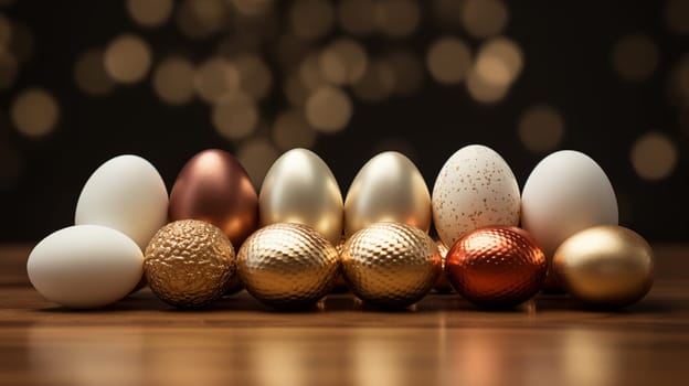 Luxurious white, gold and bronze Easter eggs lie in a row on a wooden table