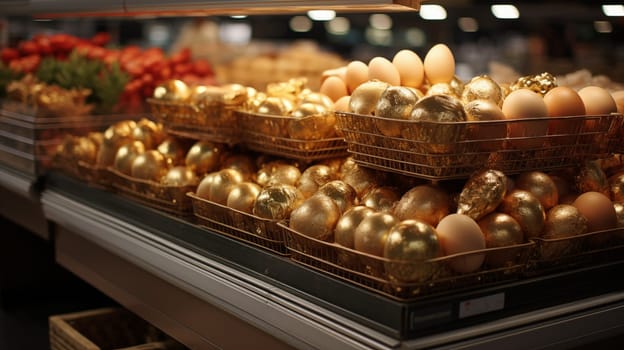 Several metal baskets with beautiful golden eggs standing in the shop.