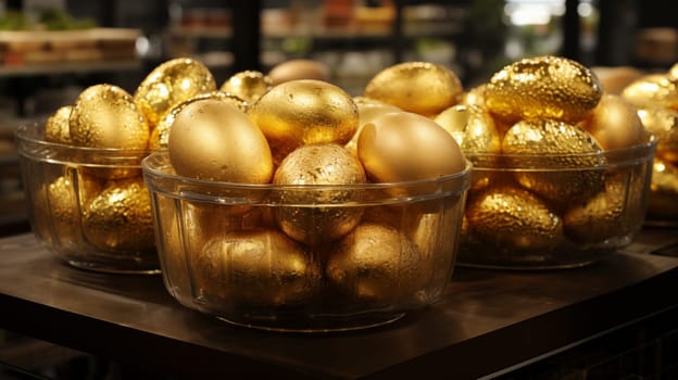 A close-up of beautiful luxurious glossy eggs made of golden metal lying in round transparent boxes on a shop window.