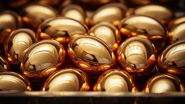 Solid background of luxary golden metal eggs . Close up