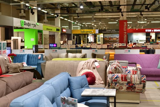 Moscow, Russia - June 09. 2021. Sale of sofa in Furnituregood store