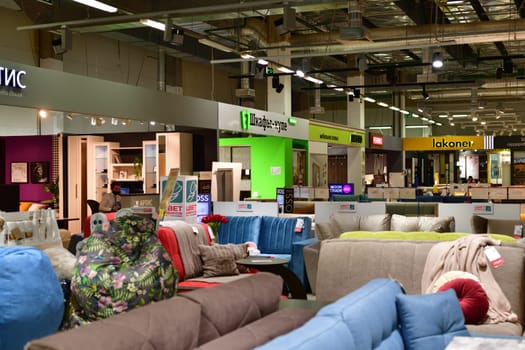 Moscow, Russia - June 09. 2021. Sale of sofa in Furnituregood store