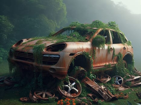 Abandoned rusty expensive atmospheric 4x4 suvas circulation banned for co2 emission 2030 agenda , severe damage, broken parts, plants overgrowth bloom flowers. ai generated