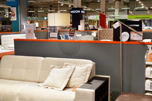 Moscow, Russia - June 09. 2021. Sale of sofa in Furnituregood store