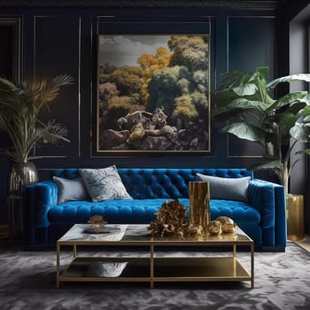 Elegant living room interior with a blue velvet sofa, large painting, golden decor items, and a tropical plant. luxury room