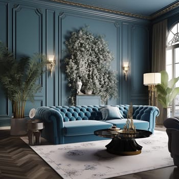 Elegant living room interior with a classic blue velvet sofa, ornate wall paneling, and a decorative flower arrangement.