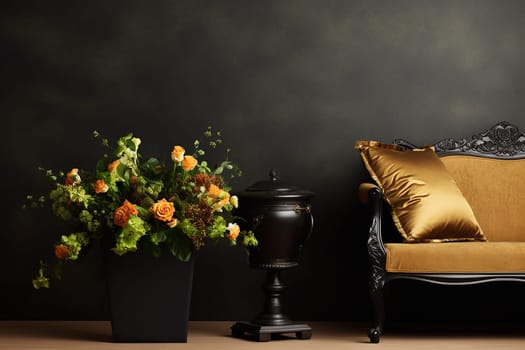 Elegant interior with a bouquet of flowers, vintage urn, and luxury sofa against a dark wall.