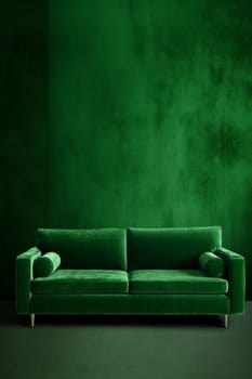 Elegant green velvet sofa against a textured green wall, with minimalist and luxury interior design concept.