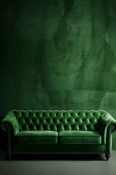 Elegant green velvet sofa against a textured green wall, with minimalist and luxury interior design concept.