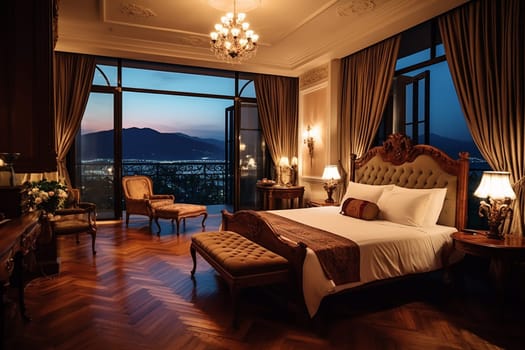 Luxury hotel room with elegant decor and a panoramic city view at dusk baroque style with red and gold