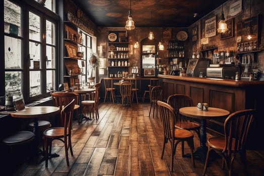 Cozy vintage cafe interior with wooden furniture, bar counter, and warm lighting.