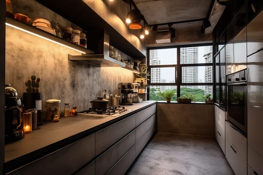 Modern kitchen interior design with dark tones, built-in appliances, and city view through large windows.