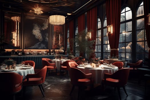 Elegant luxury restaurant or hotel interior with red chairs, white tablecloths, and grand windows, exuding a luxurious and classic dining atmosphere with baroque style