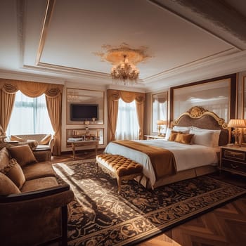 Elegant luxury hotel room with classic decor, bed baroque style, interior design with warm lighting