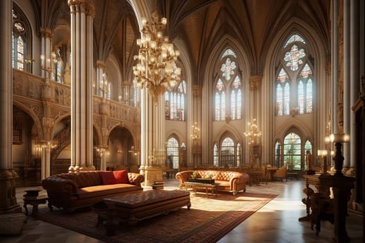 Elegant luxury interior waiting room of a spacious gothic-style hall with high ceilings, arched windows, chandeliers, and luxurious sofas.