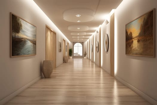 Modern hallway lobby of an office or hospital, art gallery interior with paintings displayed on walls and wooden benches for visitors, wood bench. soft light