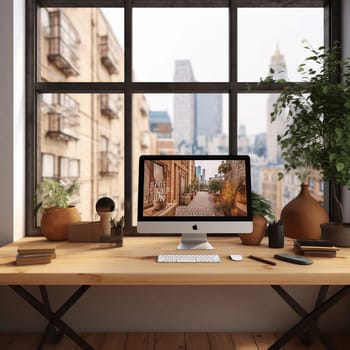 Cozy home office with computer on desk, smart working concept, chair, and large window overlooking a forest.