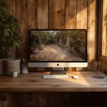 Cozy home office setup with an iMac on a wooden desk, natural light casting shadows, and a serene nature wallpaper on the screen mock up