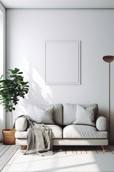 Mock up for a vertical frame, minimalist living room interior with a blank frame, gray sofa, indoor plant, and decorative vase on a side table.