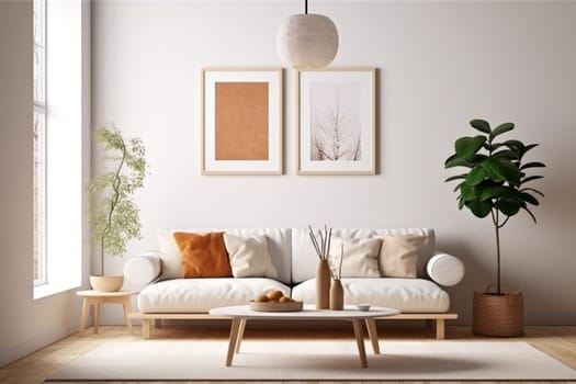 Mock up for two vertical frames, minimalist living room interior with a blank frame, gray sofa, indoor plant, and decorative vase on a side table.