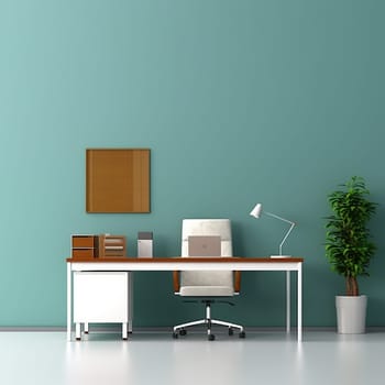 Modern minimalist home office with desk, chair, laptop, lamp, plant, and wall decor on a teal background.