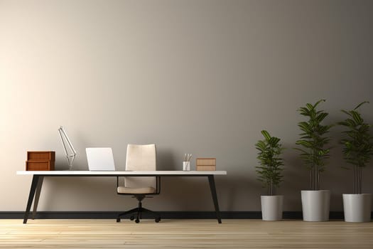 Modern minimalist home office with desk, chair, laptop, decorative plants, and wall art. Clean interior design.